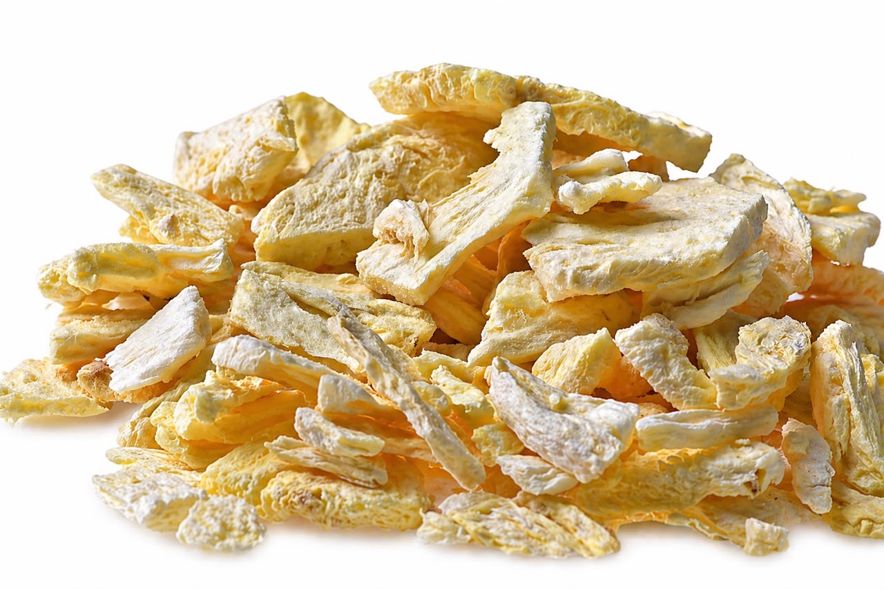 Close-up of freeze-dried mango pieces